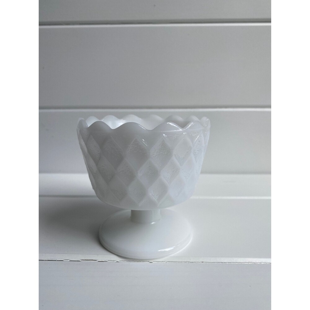 Vintage Milk Glass Compote: Diamond Pattern Dessert Pedestal Dish